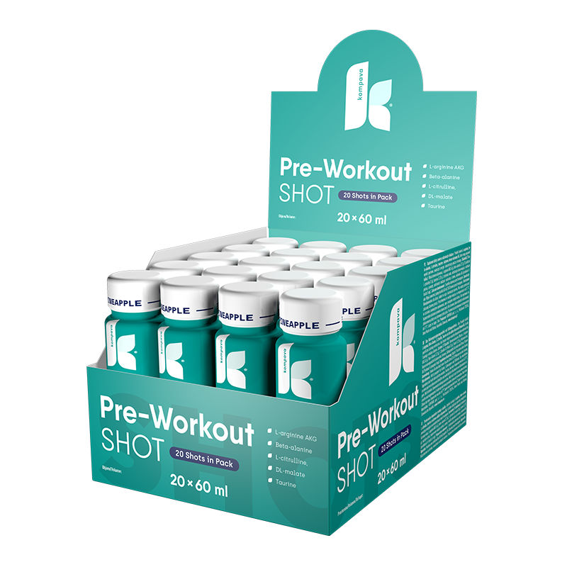 Kompava Pre-workout SHOT 60 ml/1 karton/20 ks, ananas