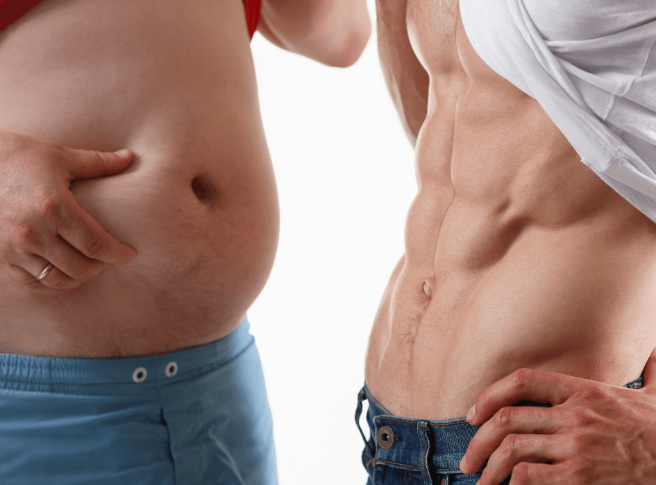 Porovnanie pribratého brucha a sixpack brucha muž-alt