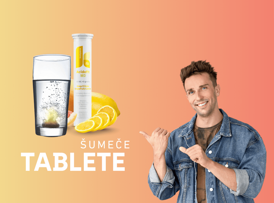 muž ukazuje na šumivé tablety v pohári acidofit