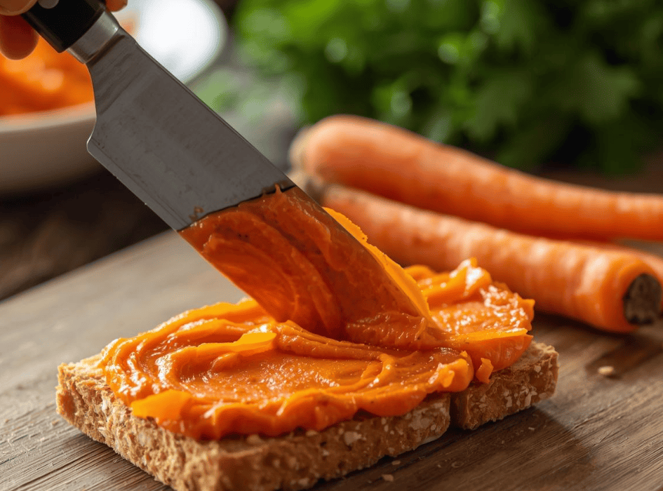 mrkvová pomazánka, jak ji natírají nožem-cz-alt