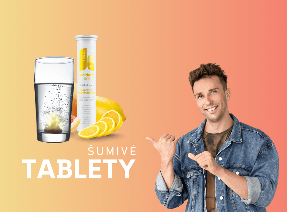 muž ukazuje na šumivé tablety v pohári acidofit-alt