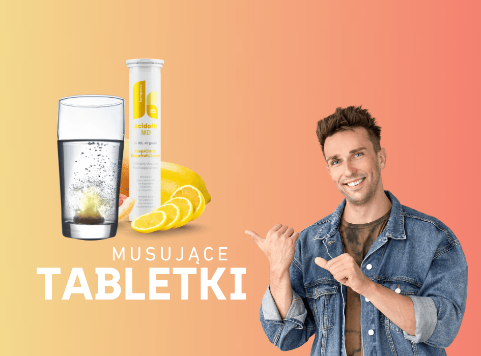 muž ukazuje na šumivé tablety v pohári acidofit