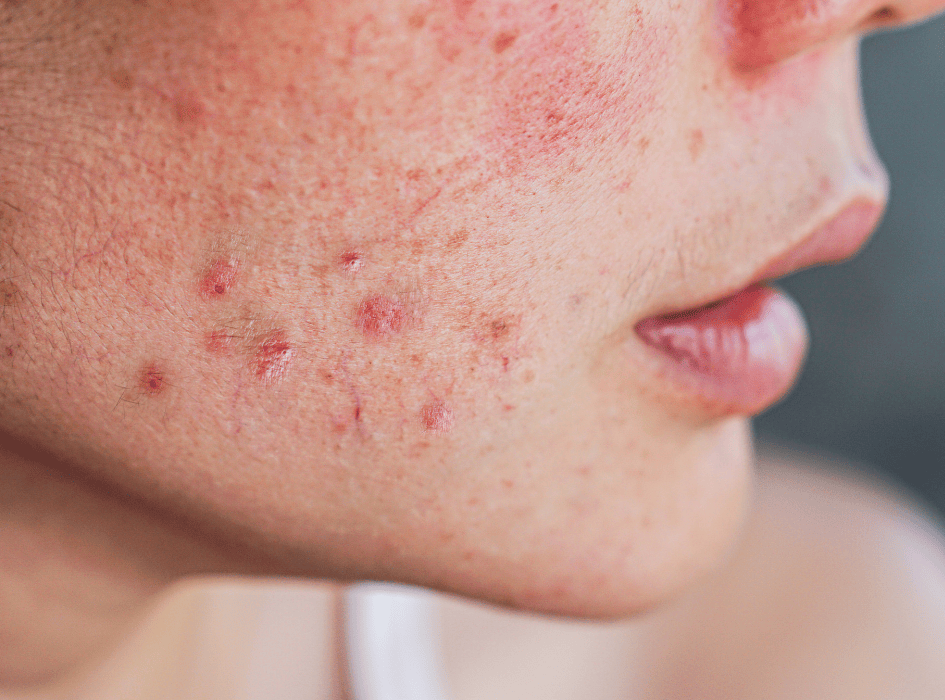 Zápal v tele prejavy, akné a zapálená pleť ako možný príznak chronického zápalu.