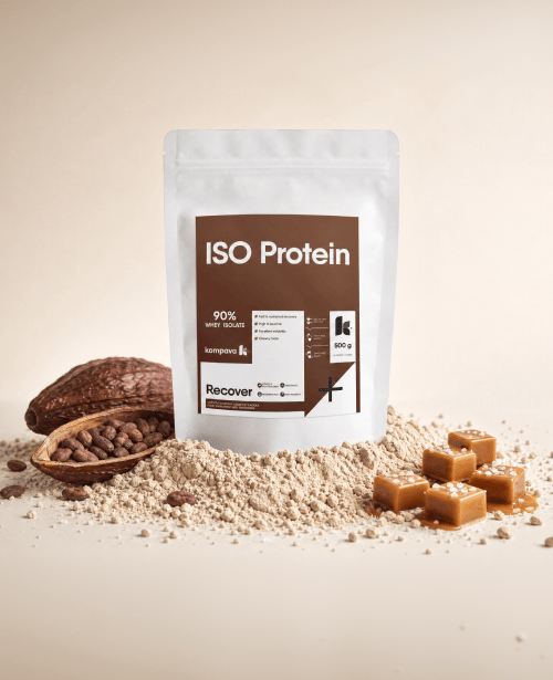 Vrhunski ISO Protein z okusom chococino in slane karamele 500 g znamke KOMPAVA z visoko vsebnostjo beljakovin in 90% izolatom sirotke