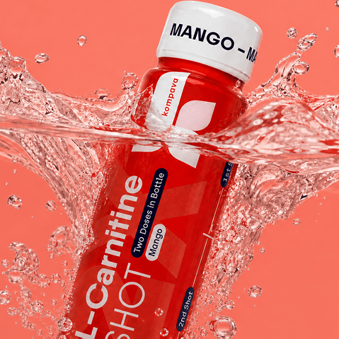 L-Carnitine Shot Mango 60 ml v tekutej forme s mangovou prichutou pre jednoduche uzivanie pocas aktivneho dna KOMPAVA
