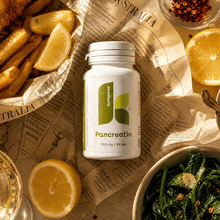 Pancreatin kapsuly 390 mg/80 kps podpora travenia a vstrebavania zivin pri konzumacii tazsich jedal KOMPAVA