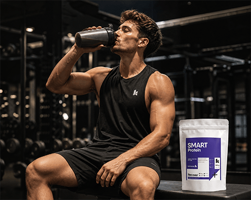 Muž pije SMART Protein zo shakera v posilňovni od KOMPAVA pre regeneráciu po tréningu