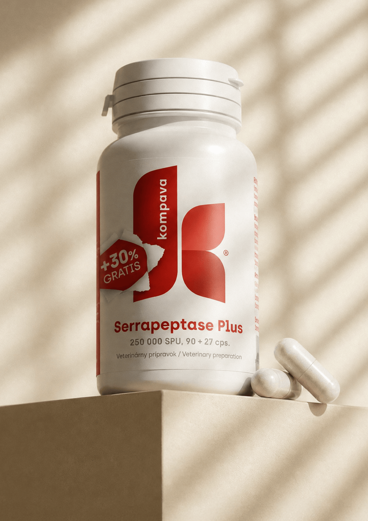 Serrapeptase Plus 250 000 SPU, 90 + 27 cps s acidorezistentnými kapsulami na ochranu enzýmu pred žalúdočnou kyselinou KOMPAVA